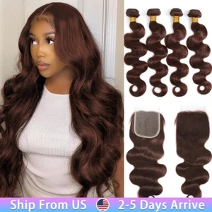#4 Chocolate Brown Human Hair Bundles with 4×4 Lace Closure Remy Virgin Hair - Picture 1 of 16