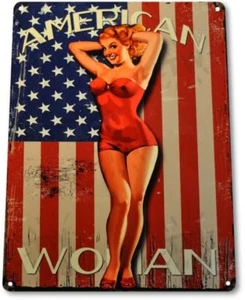 American Woman Flag Pin-up Girl Rustic Patriotic Bar Wall Decor Metal Tin Sign - Picture 1 of 4