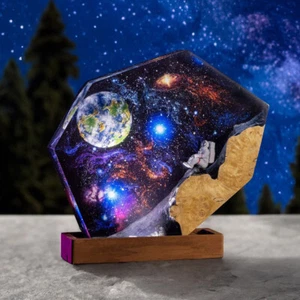 Interstellar Epoxy Space Galaxy Resin Night Light Astronaut Resin Wood Art Lamp - Picture 1 of 14