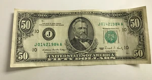 1988 $50 FEDERAL RESERVE NOTE KANSAS CITY, MISSOURI , J01421984A - Picture 1 of 3