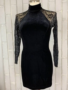 Vintage Tadashi Petites Saks Fifth Ave Black Velvet Lace Mock Neck Mini Dress S - Picture 1 of 6