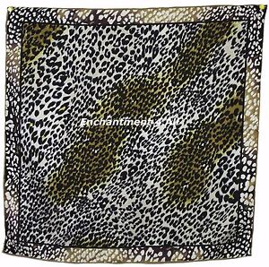 Luxurious 100% Silk Twill Scarf Wrap w/ Leopard Pattern, Black/Ivory