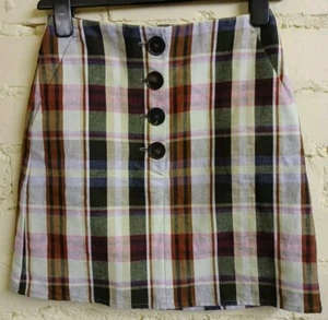 MANGO multi check button-up mini skirt, XS/UK 8-10), lined, pockets NWOT - Picture 1 of 10