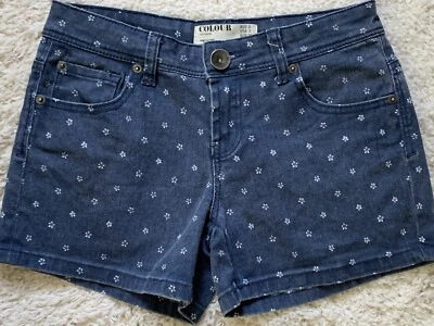 COLOUR Women's Size 4 Blue Denim Shorts, White Floral Pattern, Pockets - Image 1 of 4