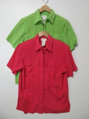 Talla M De Colección Camisa Christie & Jill Blusa Abotonada 100% Seda Lote de 2 Rosa Verde Foto 1 de 4