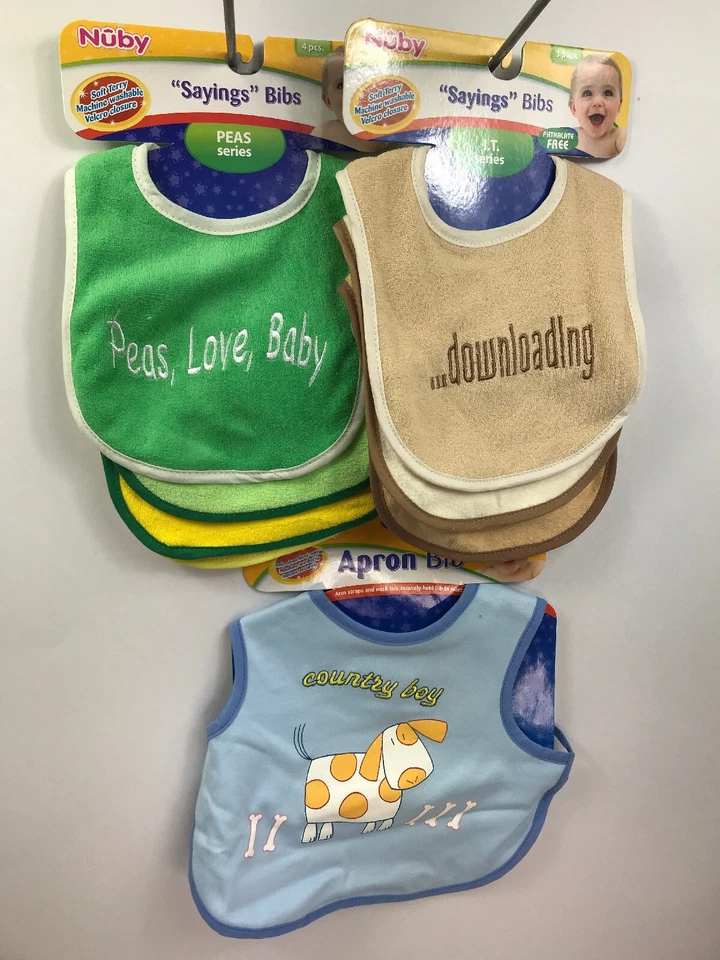 8 Nuby Sayings Bibs 1 Sets of 3 - 1 Set Of 4 Packs And 1 Apron Bib Washable NWT - Image 1 of 4