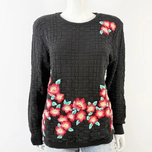 Vintage Evan Picone Black Floral Embroidery Sweater Size M Casual Preppy Classic - Picture 1 of 10