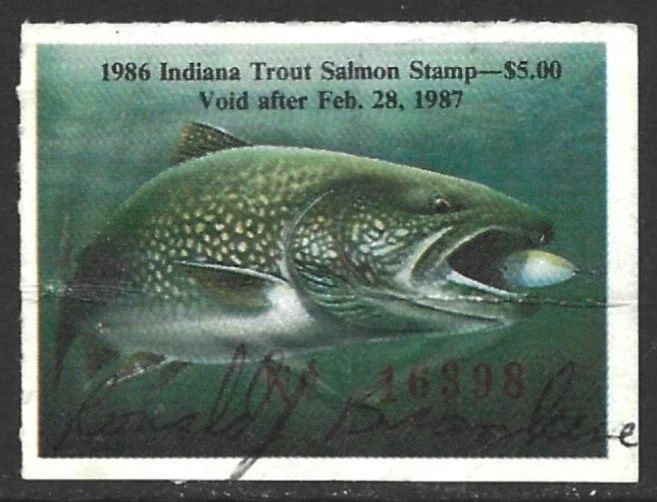 USA 1986 INDIANA Trout & Salmon Fishing Revenue Stamp #37 Signed - Image 1 of 1