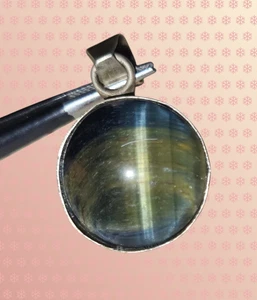 1.3 Inch Round Tiger’s Sharp Cat’s Eye Pendant Bluish Green Real Gemstone... - Picture 1 of 20