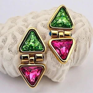 Swarovski Pink Green Crystal Rhinestone Post Earrings Wide Gold Herringbone VTG - Picture 1 of 14
