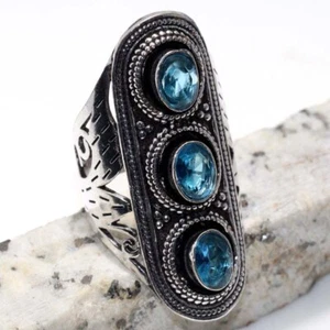 925 Silver Plated Blue Topaz Faceted Vintage Long Ring Size US 7 AU Y086 - Picture 1 of 3