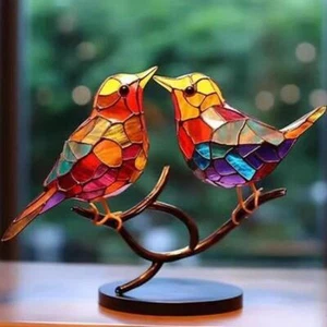 Stained Acrylic Birds On Branch Desktop Ornaments Colorful Birds Metal Art Craft - Picture 1 of 23