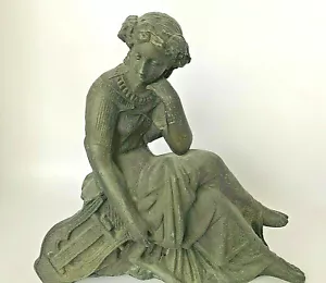Antique CLOCK TOPPER LADY Figurine with Harp c. 1885 Mantel Mini Statue Garden - Picture 1 of 9