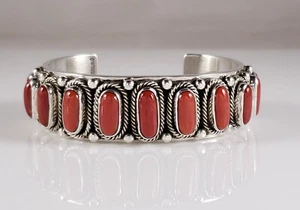 Ned Nez Rare Mediterranean Coral Row Navajo Sterling Silver Bracelet Handmade - Picture 1 of 9