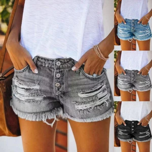 Womens Hollow Out Demin Short Pants Ladies Wide Leg Shorts Buttton Casual Shorts - Picture 1 of 16