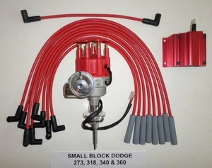 DODGE 273-318-340-360 Red SMALL Cap HEI Distributor +50K COIL + Spark Plug Wires - Picture 1 of 1