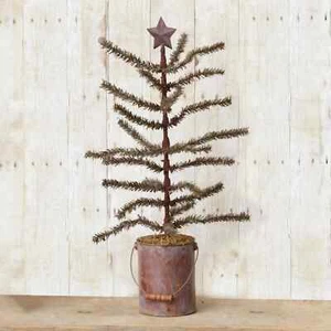 New Primitive Farmhouse Christmas RUSTY STAR FEATHER TREE IN AGED BUCKET Can 24" - Picture 1 of 1