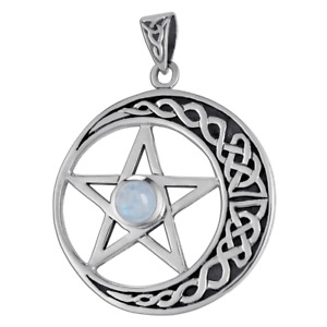 Large Celtic Crescent Moon Pentagram Pentacle Pendant Wiccan Moonstone Jewelry