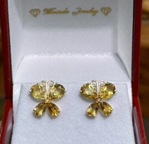 14k Solid Yellow Gold Butterfly Stud Earrings, Natural Citrine 1.62 Grams - Picture 1 of 5