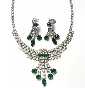 Vintage Grün Marquise Baguette Klar Strass Hängel Halskette Ohrringe Hochzeit - Bild 1 von 11