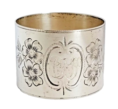 Anel de guardanapo antigo de prata esterlina gravado à mão – motivo floral e monograma AHW - Imagem 1 de 4