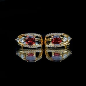 Cushion Cut Simulated Red Garnet Clip On Stud Earrings In 14k Yellow Gold Plated - Picture 1 of 6