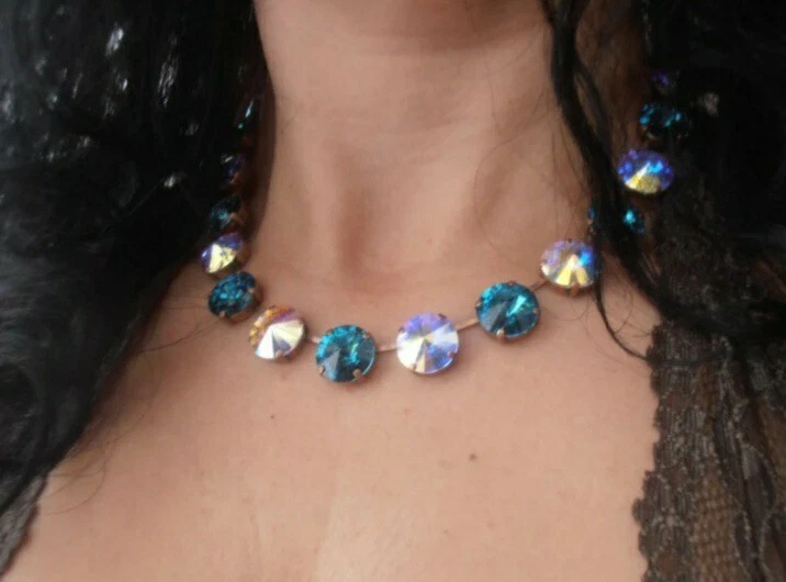 Collar Anna Wintour - Gargantilla Cristal Rivoli Verde Azulado - Joyería Antigua Cobre Regalo Foto 1 de 4