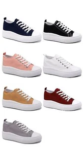 Damen Canvas Damen Lauftrainer Schnürung Plateau Freizeit Turnschuhe Schuhe Größe - Bild 1 von 18