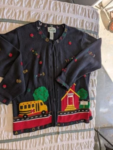 Quacker Factory Cardigan Sweater School Teacher Navy Embroidery - Picture 1 of 6