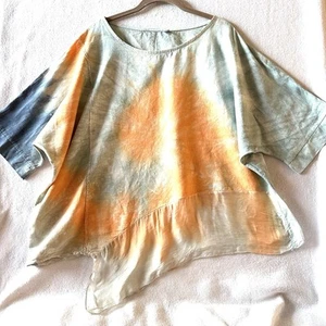 Belle France Small Linen Silk Top Tie Dye Oversized Asymmetric Boxy Artsy Italy - Picture 1 of 9