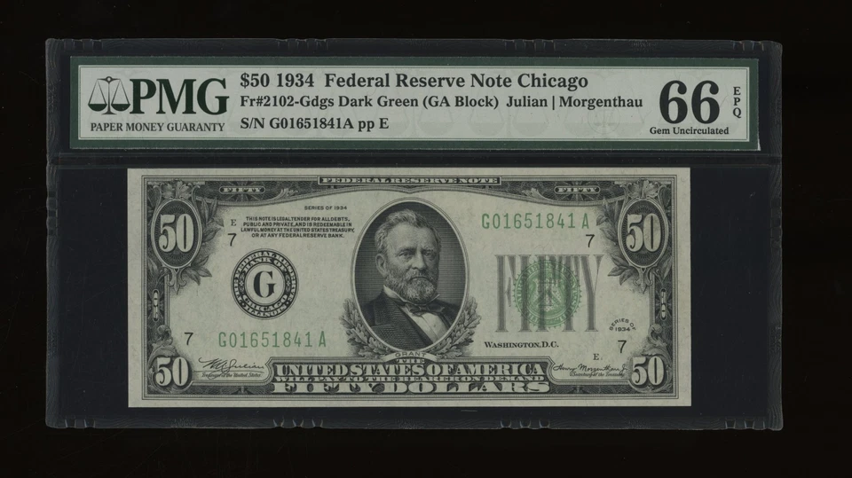 DBR 1934 $50 DGS FRN Chicago Gem Fr. 2102-Gdgs PMG 66 EPQ Serial G01651841A - Image 1 of 2