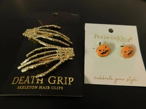 Halloween Immergrün Jack-O-Laterne Ohrringe & Tod Griff Skelett Haarspange Neu mit Etikett - Bild 1 von 5