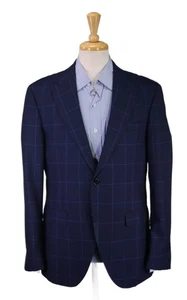 Massimo Dutti Blue Windowpane Peak Lapel Wool Sportcoat Blazer Slim Fit 42R - Picture 1 of 12