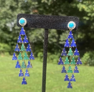 Rarities Carol Brodie Gold Vermeil Lapis, Malachite, Turq. Zircon Drop Earrings - Picture 1 of 10