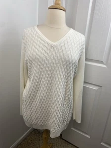 Lands End 2X Sweater Chunky Cable Waffle Weave Tunic Side Slits Cream Cotton - Picture 1 of 9