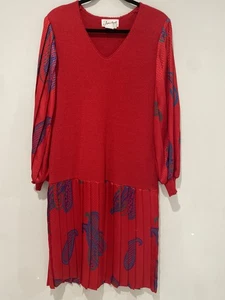 Vintage 80s Jaymee Papell Red Knit Dress M Paisley Print Pleated Skirt  - Picture 1 of 16