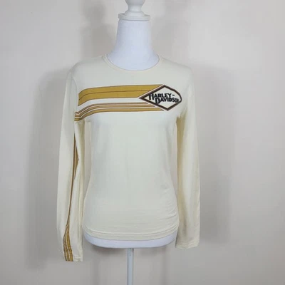 Винтажная женская байкерская рубашка Harley Davidson M цвета слоновой кости в тонкую полоску с графическим принтом 90-е США - Изображение 1 из 4