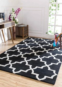 Hand Tufted Moroccan Trellis Area Rug Black White Geometric Pattern Carpet - Picture 1 of 6