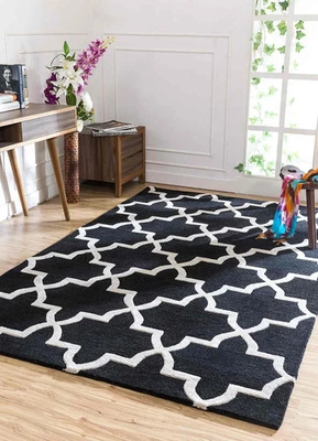 Hand Tufted Moroccan Trellis Area Rug Black White Geometric Pattern Carpet - Image 1 of 4