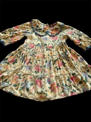 Vestido April Cornell Usado en Excelente Condición Amarillo/Coral Floral Crochet Borde Tejido Rayón-12-18Mos Foto 1 de 4