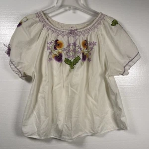 Vintage handbestickte weiße Bauernbluse lila Nähte Blumen Damen S-M - Bild 1 von 15