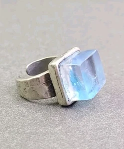 Signed "Blu" Recycled Glass Aquamarine Color Square Cubed Cocktail Ring - Picture 1 of 12