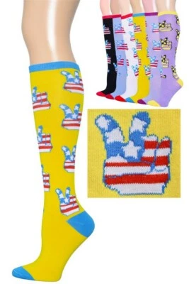 2 PARES CALCETINES HASTA LA RODILLA MUJER NIÑA MULTICOLOR SIGNO DE LA PAZ NOVEDAD TALLA 9-11 Foto 1 de 4