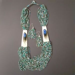 36"Collier perles de graines style cascade ensemble avec insert panneau plumes peintes 