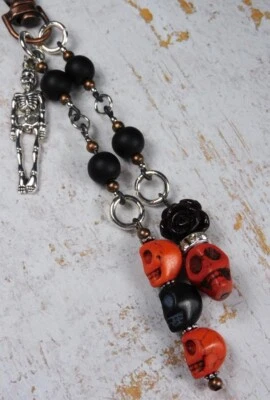 Bolso Esqueleto Calavera Howlite Dije Clip Negro Naranja Cobre Hecho a Mano Nuevo Foto 1 de 4