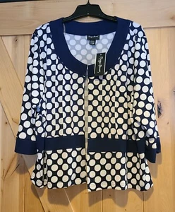 New! Women's Maggie Barnes Top Size 2X White Navy Polka Dot Open Cardigan - Picture 1 of 14