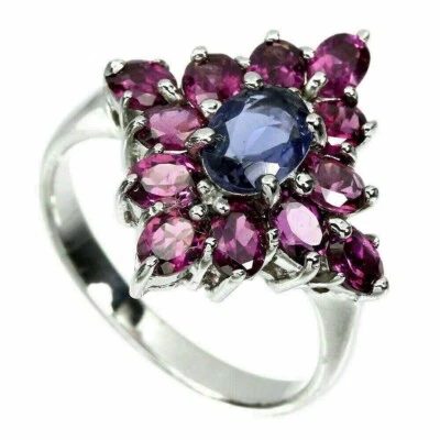 Silver Ring Rhodolite Iolite Genuine Natural Gems Solid Sterling Size P 1/2 US 8 Foto 1 de 4