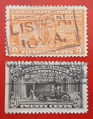 US 1925 15c 20c Used Special Delivery Box Cancel LISBON IOWA Scott E13-14 2955 - Image 1 of 2