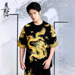 Mens Short Sleeve Dragon Embroidery Round Neck T Shirt Summer Tops Chinese Style - Picture 1 of 16