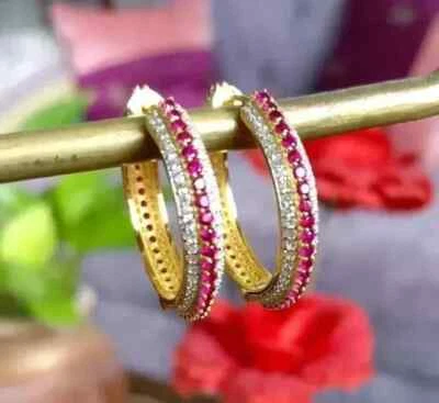 2Ct Round Cut Lab Created Pink Ruby 14K Yellow Gold Plated Silver Hoop Earrings - Image 1 of 4